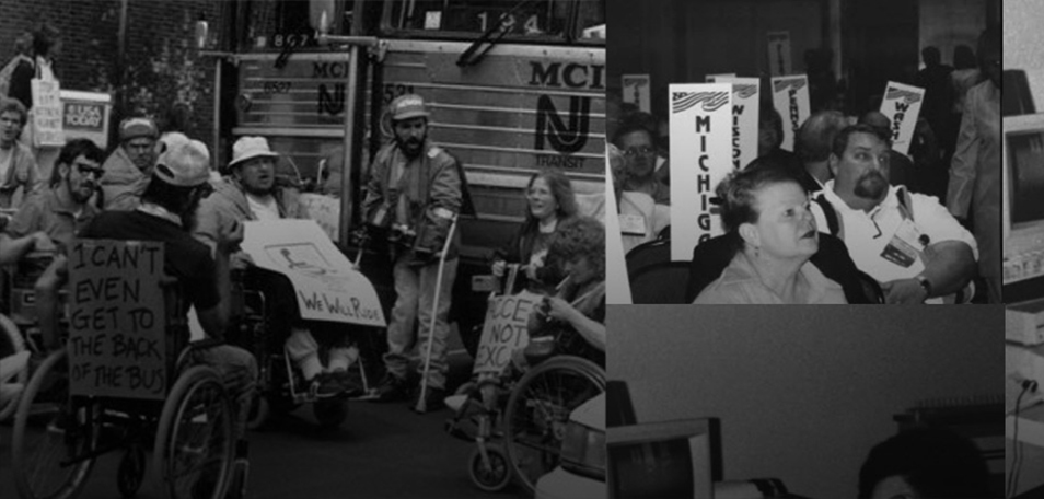 Black and white photo of people in wheelchairs holding signs at a protest