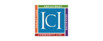 ICI logo in blue with four words on each side: employment, education, community life, and health care.